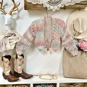 Artisan chunky knit cropped boho sweater w prairie shabby chic vibe
